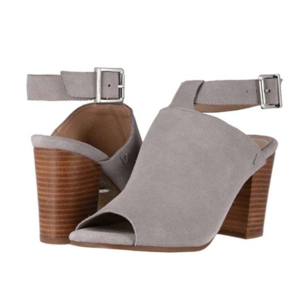 Vionic Kaia Grey Suede Ankle Strap Block Heel Peep Toe Sandals Size‎ 7